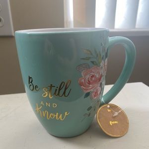 Eccolo Be Still and Know Teal Mug with Pink Flowers- NWT